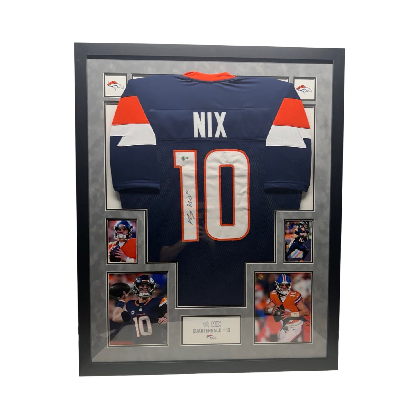 Bo Nix Denver Broncos Framed Autographed Navy Blue Jersey Beckett BAS