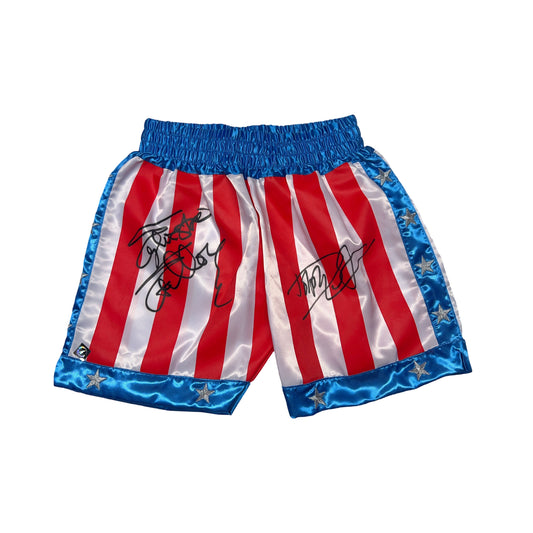 Sylvester Stallone & Dolph Lundgren Autographed Rocky IV Boxing Trunks ASI Proof
