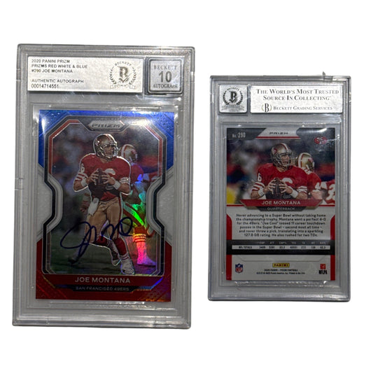 Panini Prizm Prized Red White & Blue #290 Joe Montana Beckett Autographed 10