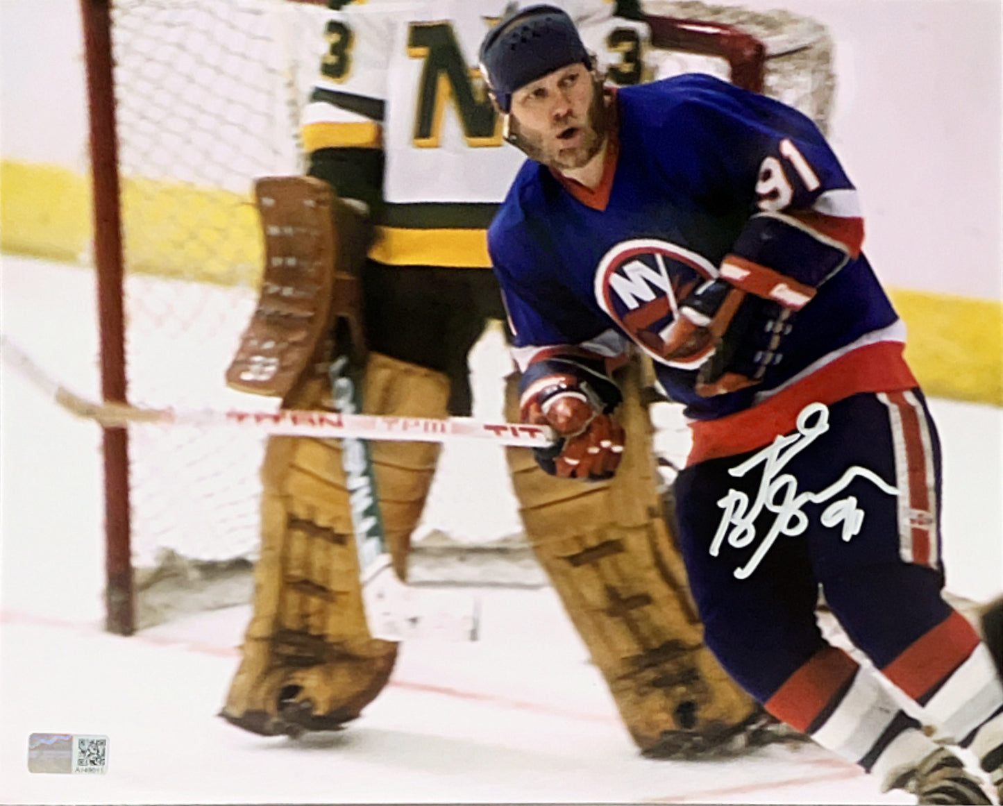 Butch Goring Autographed New York Islanders Holding His Stick 8x10 Steiner CX