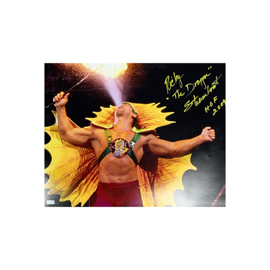 Ricky Steamboat Autographed Horizontal 16x20 The Dragon, WWE HOF 2009 Inscriptions Yellow Ink Steiner CX