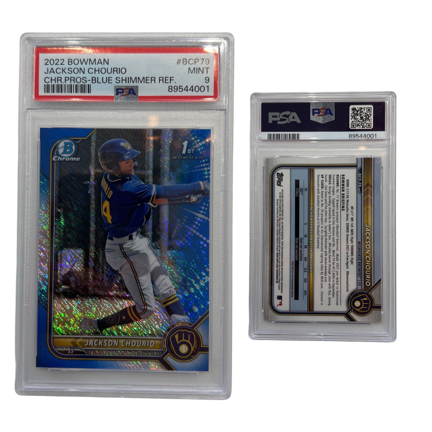 2022 Jackson Chourio Bowman Chrome Prospects Blue Shimmer Refractor /150 #BCP79 PSA MINT 9