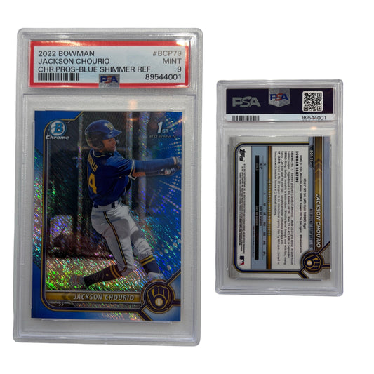 2022 Jackson Chourio Bowman Chrome Prospects Blue Shimmer Refractor /150 #BCP79 PSA MINT 9