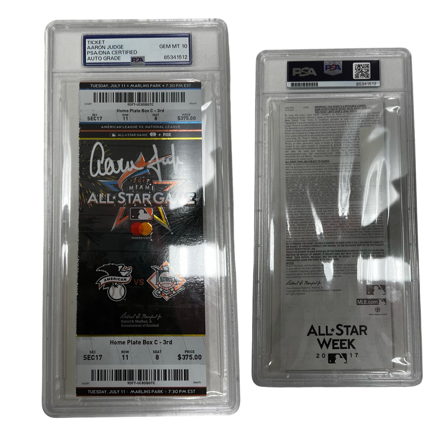 Aaron Judge Autographed New York Yankees 2017 All-Star Game Ticket PSA GEM MT 10