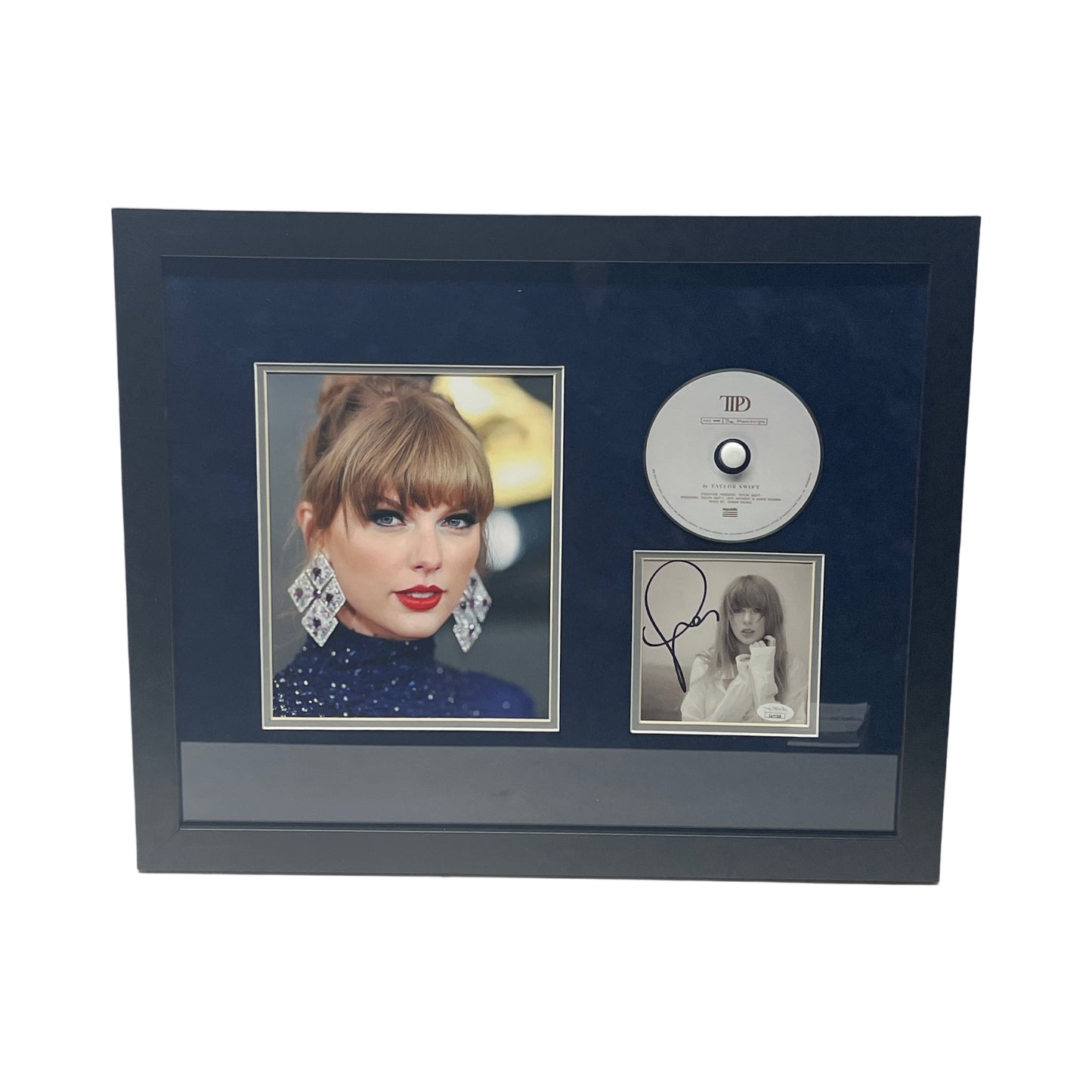 Taylor Swift Autographed Cut & Framed CD 11x14 Frame Headshot Big Earrings Navy Matte Horizontal JSA