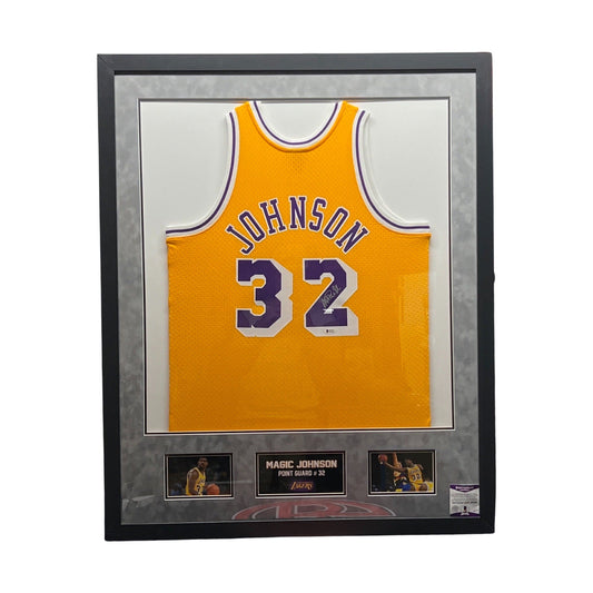 Magic Johnson Autographed Los Angeles Lakers Yellow Mitchell & Ness Swingman Jersey Beckett - Framed