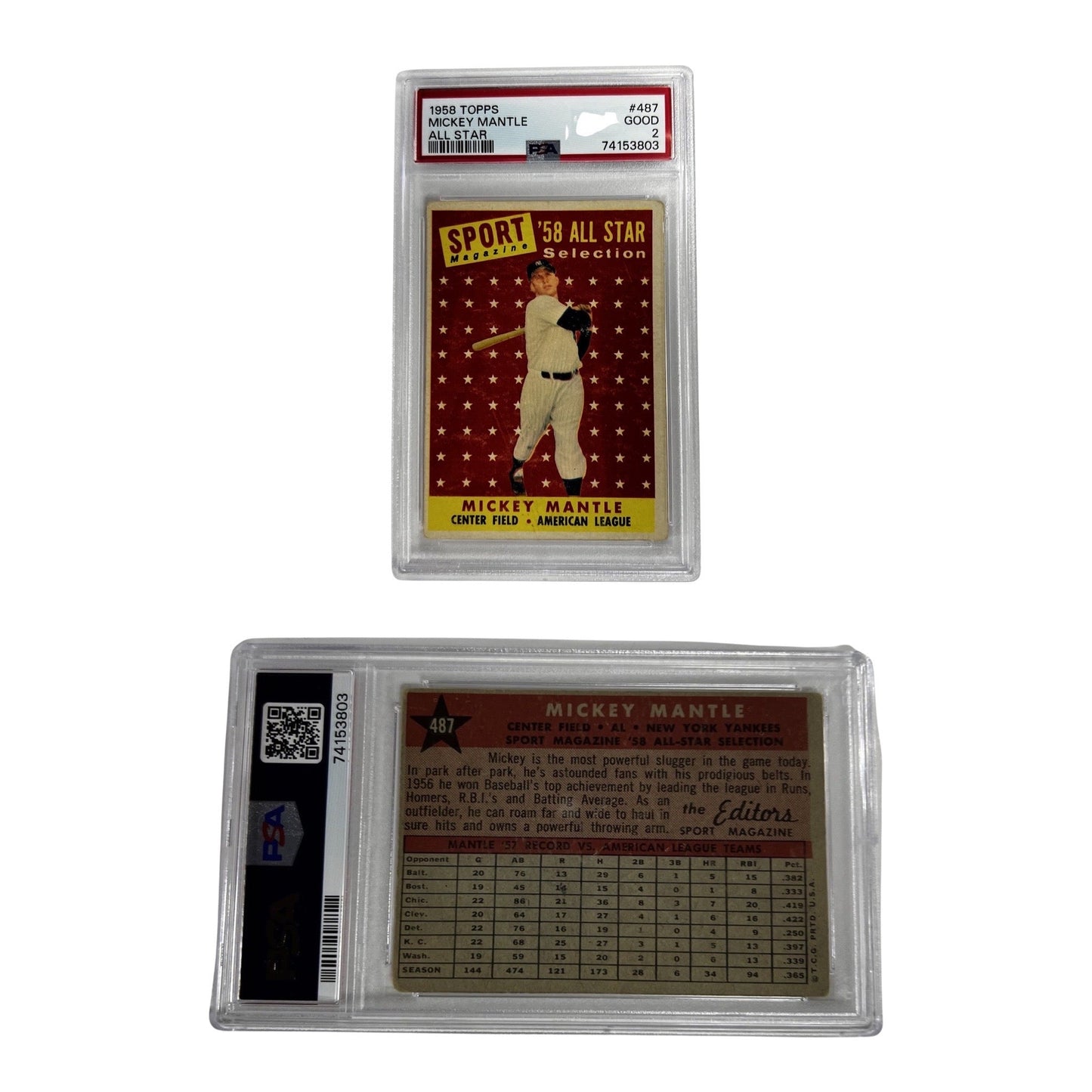 1958 Mickey Mantle Topps All Star #487 PSA GOOD 2