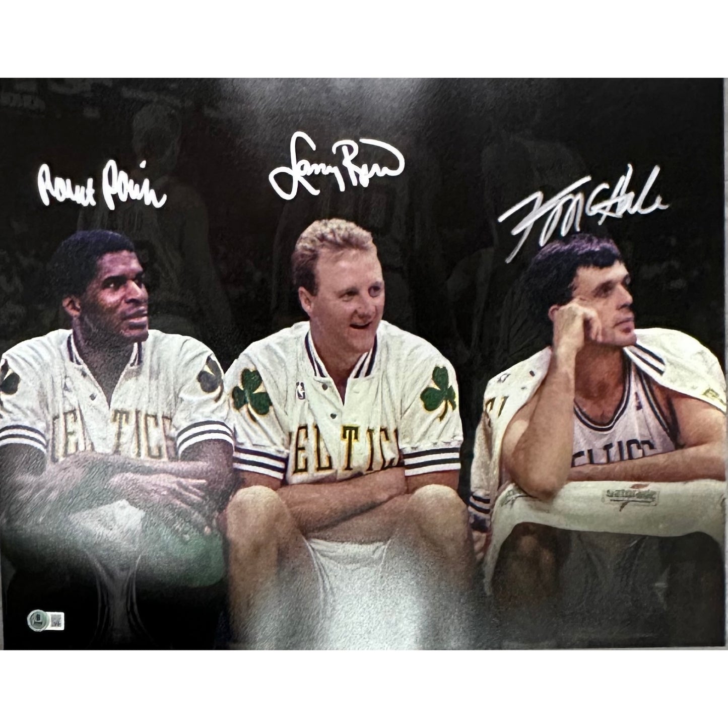 Larry Bird Robert Parish Kevin McHale Autographed Boston Celtics Big 3 Sitting Warmup Jacket 16x20 Larry Bird Beckett BAS
