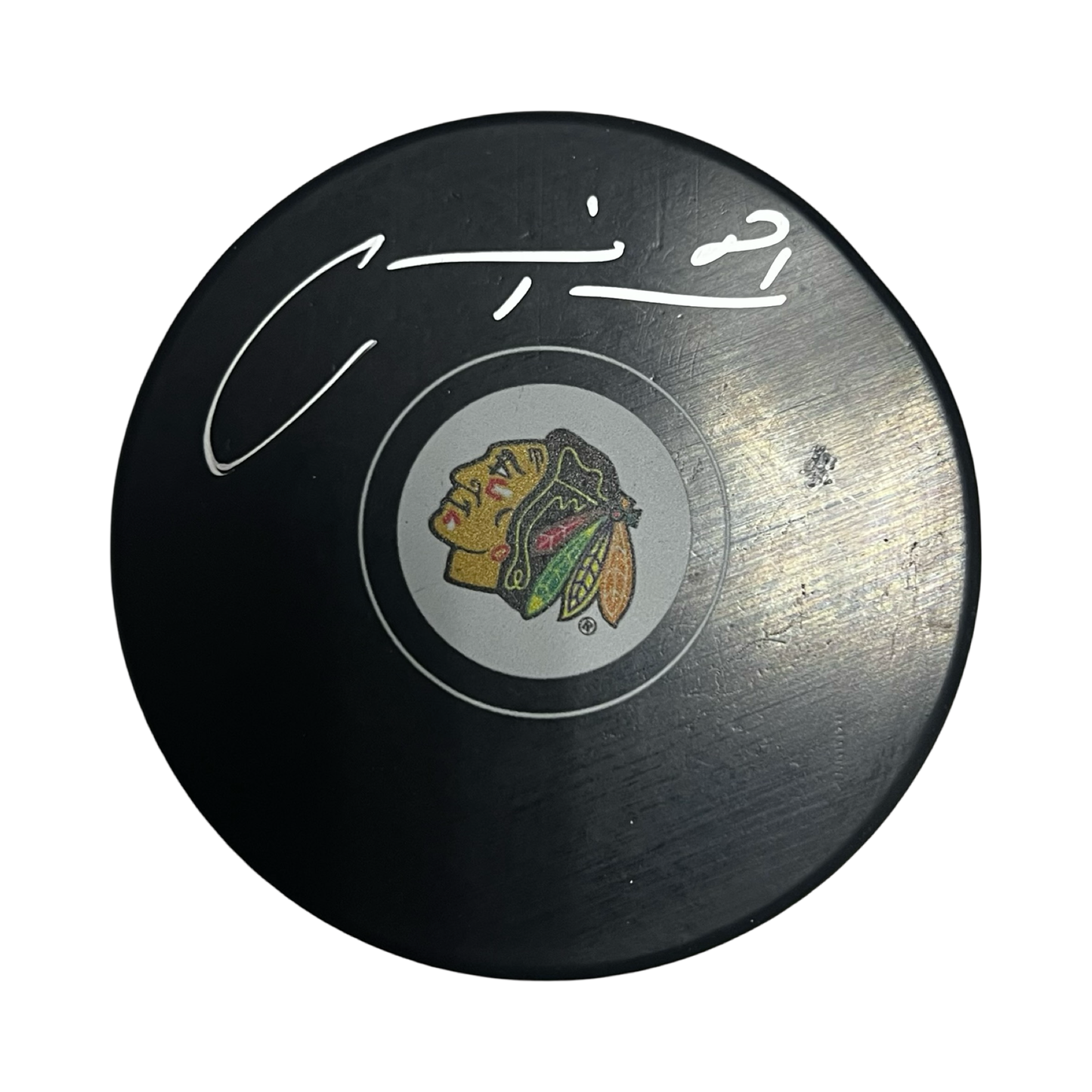 Marian Hoss Autographed Chicago Blackhawks Replica Logo Puck Schwartz