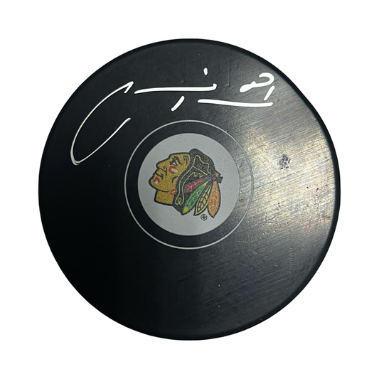 Marian Hoss Autographed Chicago Blackhawks Replica Logo Puck Schwartz