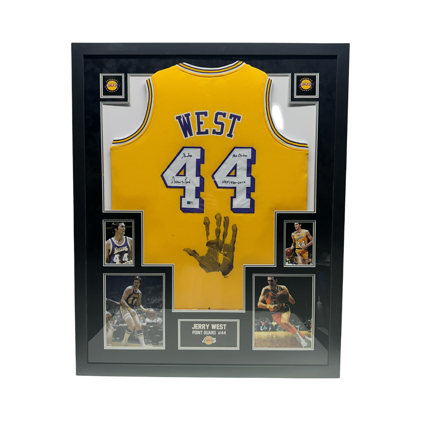 Jerry West Autographed Los Angeles Lakers Yellow Jersey The Logo, Mr Clutch, HOF 1980-2010 Inscriptions with Handprint Steiner CX - Framed
