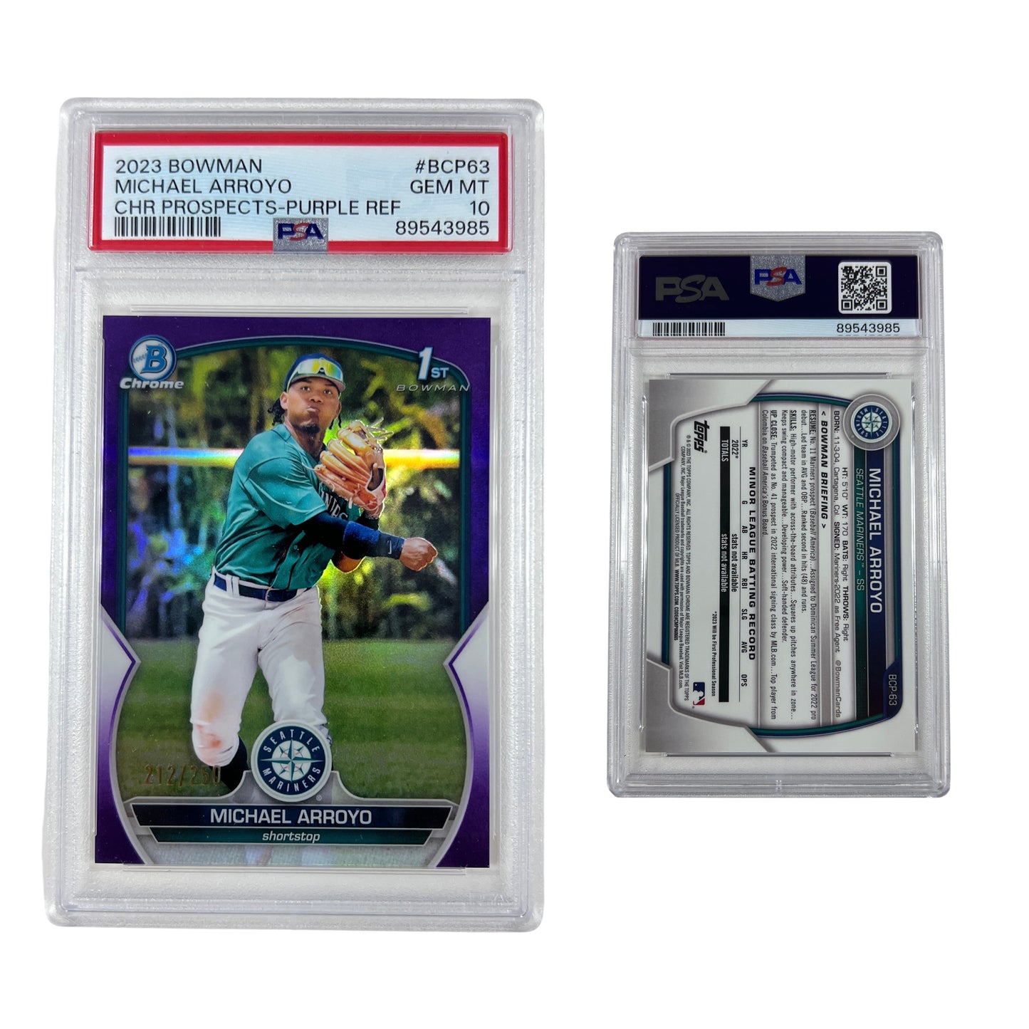 2023 Bowman Michael Arroyo Chrome Prospects Purple Refractor /250 #BCP63 PSA GEM MT 10