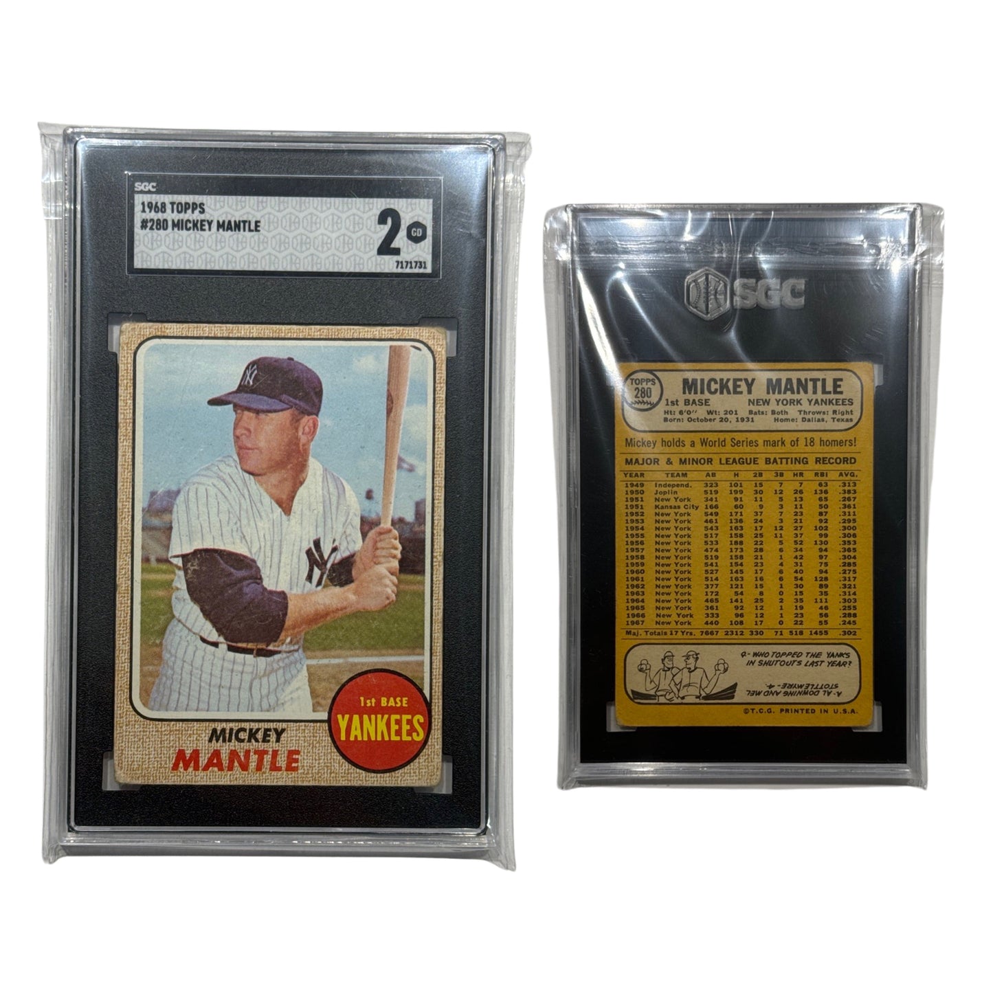 1968 Topps #280 Mickey Mantle SGC 2 GD