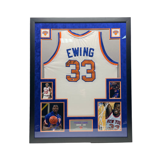 Patrick Ewing Autographed New York Knicks Framed White Custom Jersey Steiner CX
