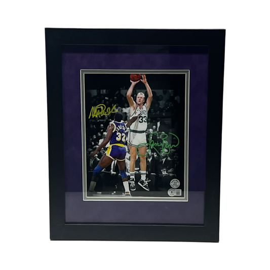 Larry Bird & Magic Johnson Autographed Boston Celtics & Los Angeles Lakers Spotlight 8x10 Beckett & Larry Bird COA - Frame W/ Purple Matte