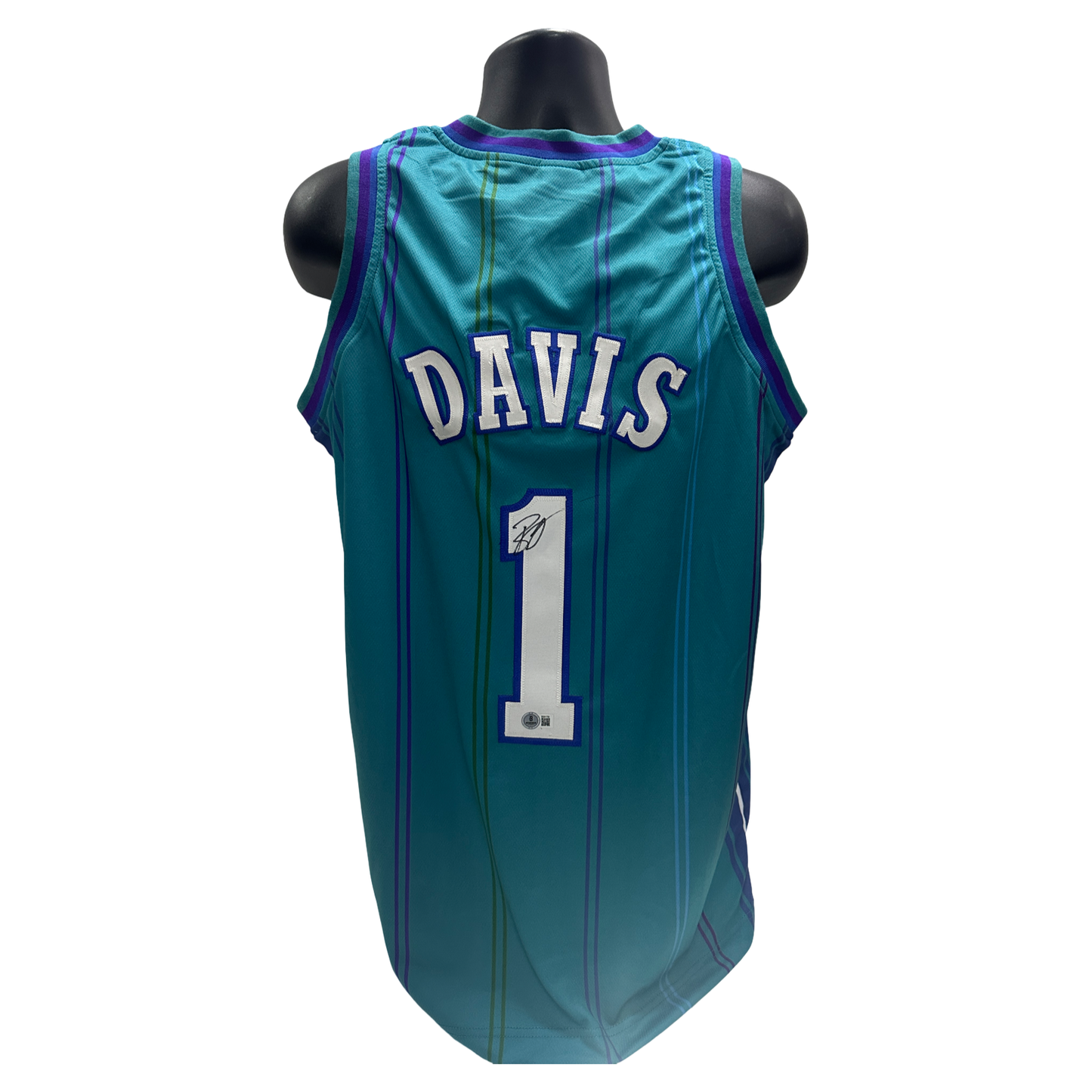 Baron Davis Autographed Charlotte Hornets Teal Striped Jersey Beckett BAS
