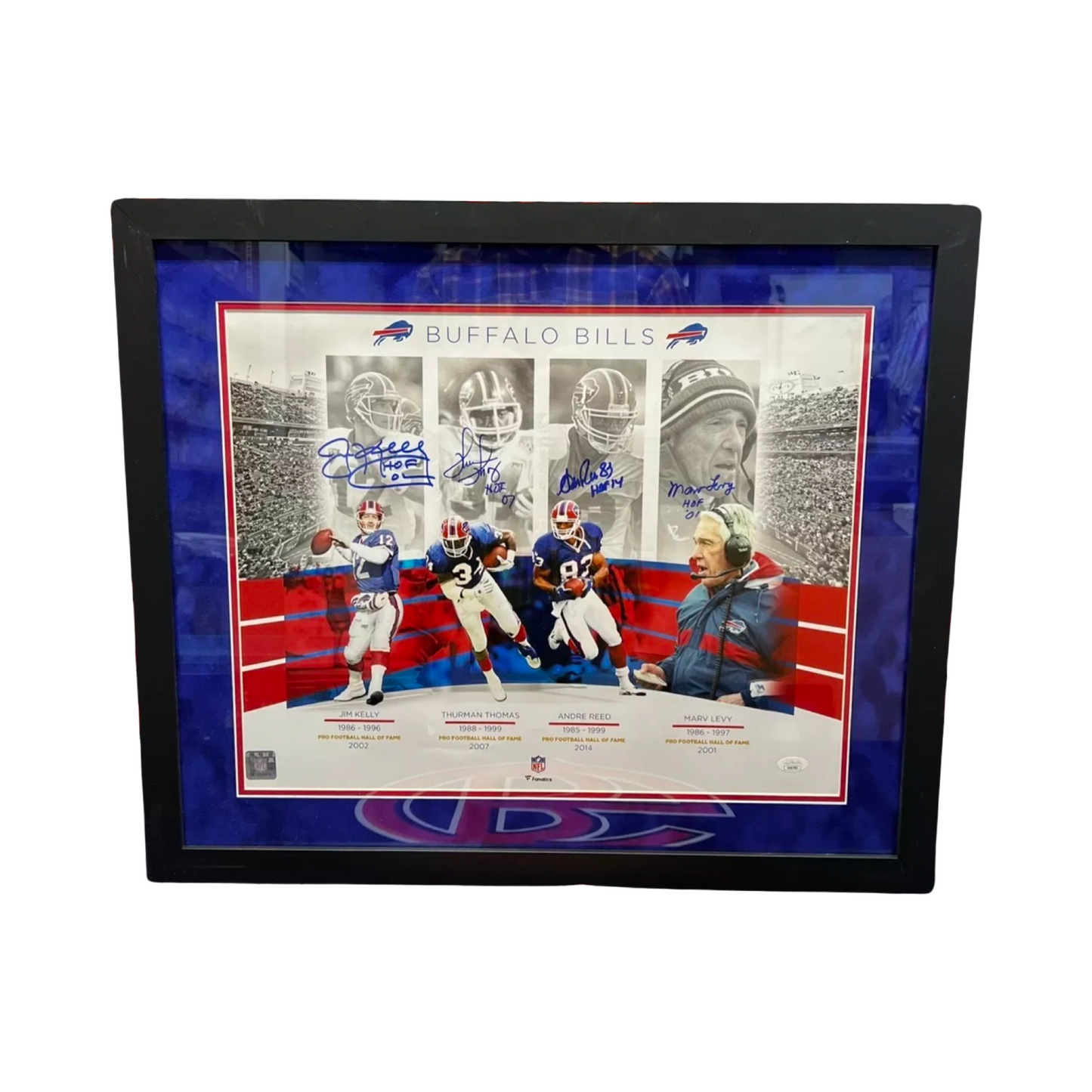 Jim Kelly, Thurman Thomas, Andre Reed & Marv Levy Autographed Buffalo Bills K-Gun Offense 16x20 HOF Inscriptions JSA - Framed