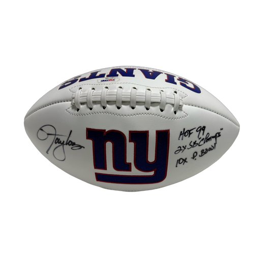 Lawrence Taylor Autographed New York Giants "HOF 99, 2x SB Champs. 10x P. Bowl" White Panel Football PSA