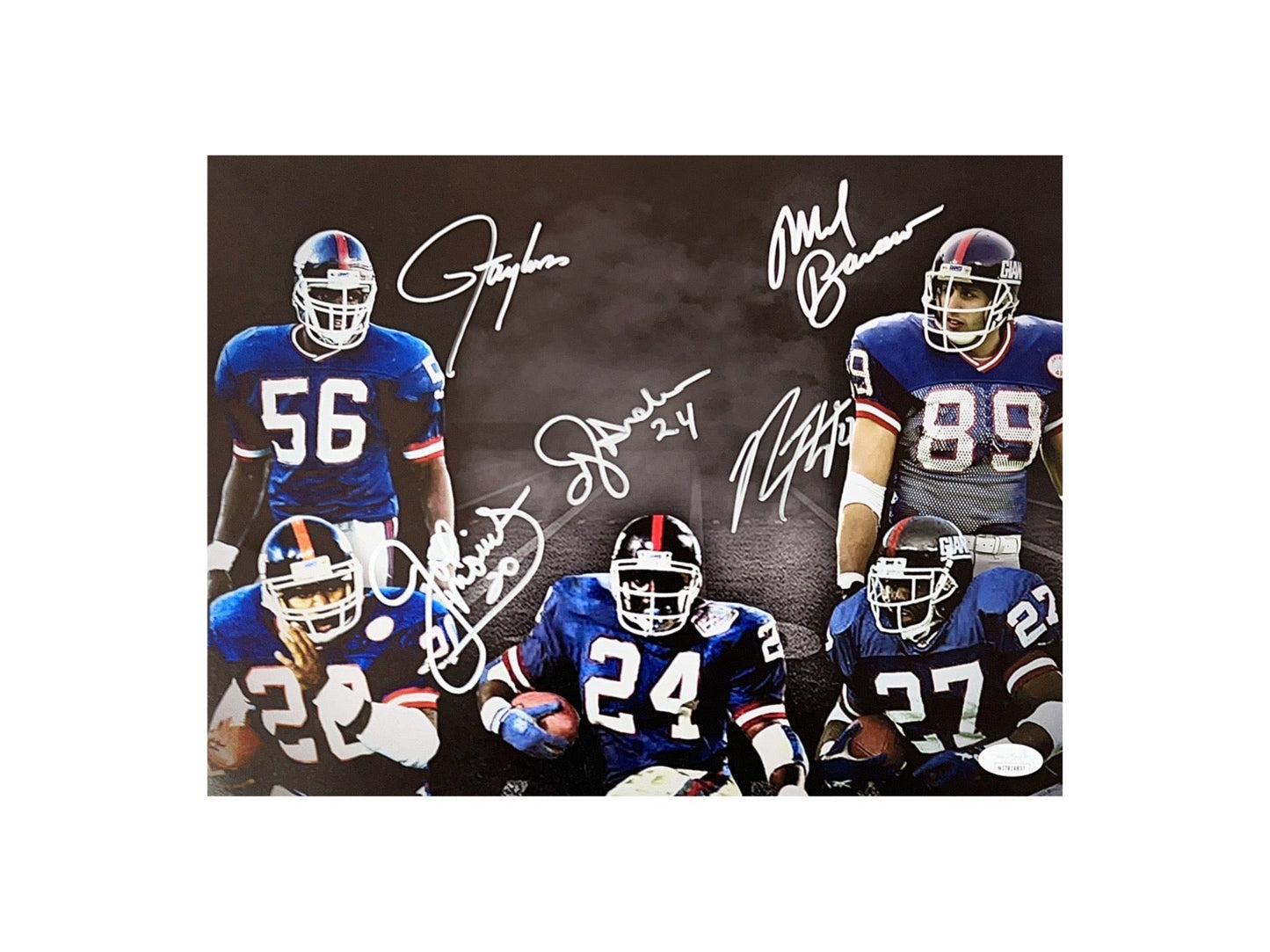 Lawrence Taylor, Mark Bavaro, Joe Morris, Rodney Hampton & OJ Anderson Autographed. New York Giants Blackout 11x14 JSA - Unframed