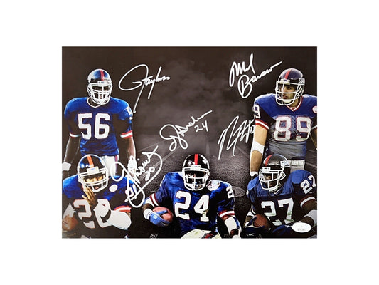 Lawrence Taylor, Mark Bavaro, Joe Morris, Rodney Hampton & OJ Anderson Autographed. New York Giants Blackout 11x14 JSA - Unframed