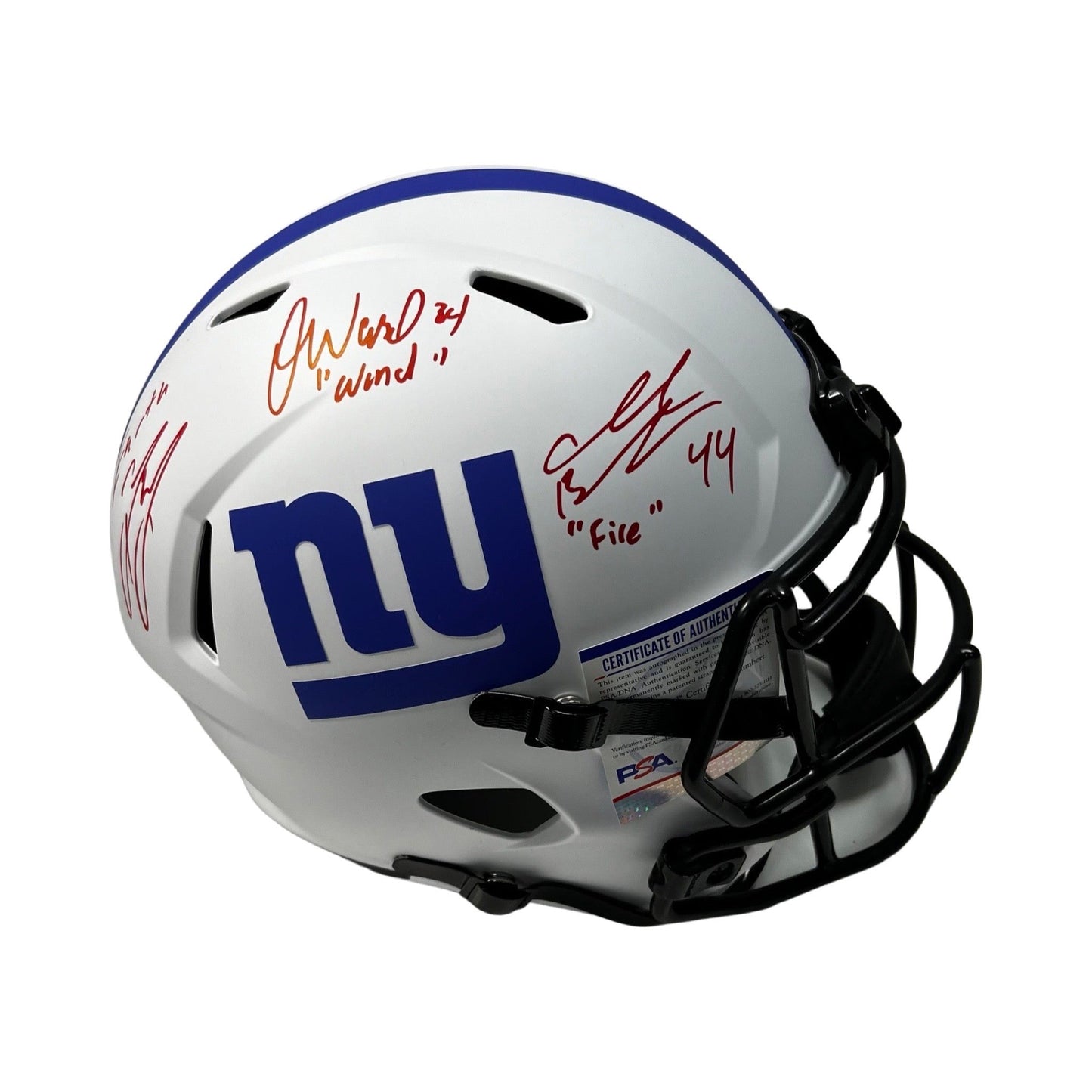 Brandon Jacobs, Ahmad Bradshaw & Derrick Ward Earth Wind & Fire Autographed New York Giants Lunar Eclipse Replica Helmet Earth, Wind, Fire Inscriptions PSA