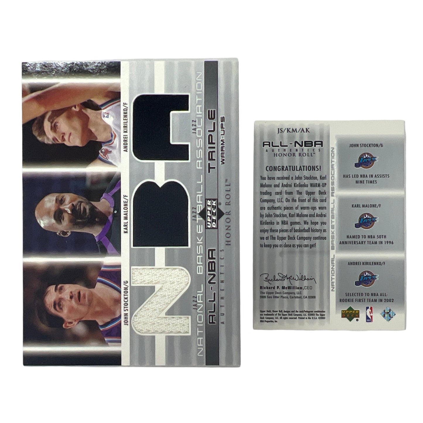 2002 John Stockton / Karl Malone / Andrei Kirilenko Upper Deck Honor Roll All-NBA Authentics Triple Warms Ups #JSKMAK
