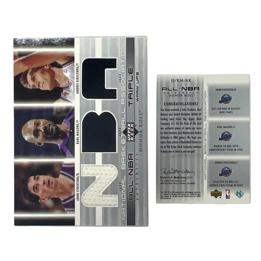 2002 John Stockton / Karl Malone / Andrei Kirilenko Upper Deck Honor Roll All-NBA Authentics Triple Warms Ups #JSKMAK