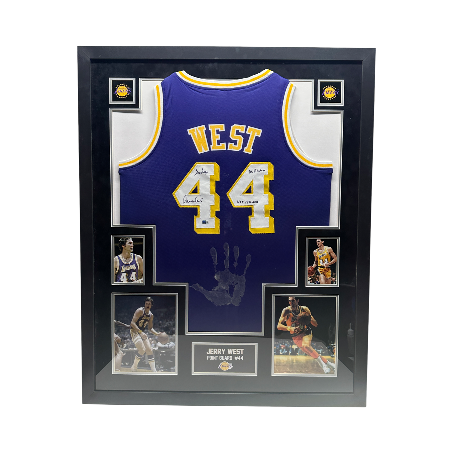 Jerry West Autographed Los Angeles Lakers Purple Jersey The Logo, Mr Clutch, HOF 1980-2010 Inscriptions with Handprint Steiner CX - Framed