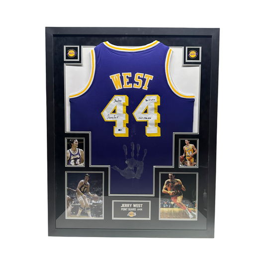 Jerry West Autographed Los Angeles Lakers Purple Jersey The Logo, Mr Clutch, HOF 1980-2010 Inscriptions with Handprint Steiner CX - Framed