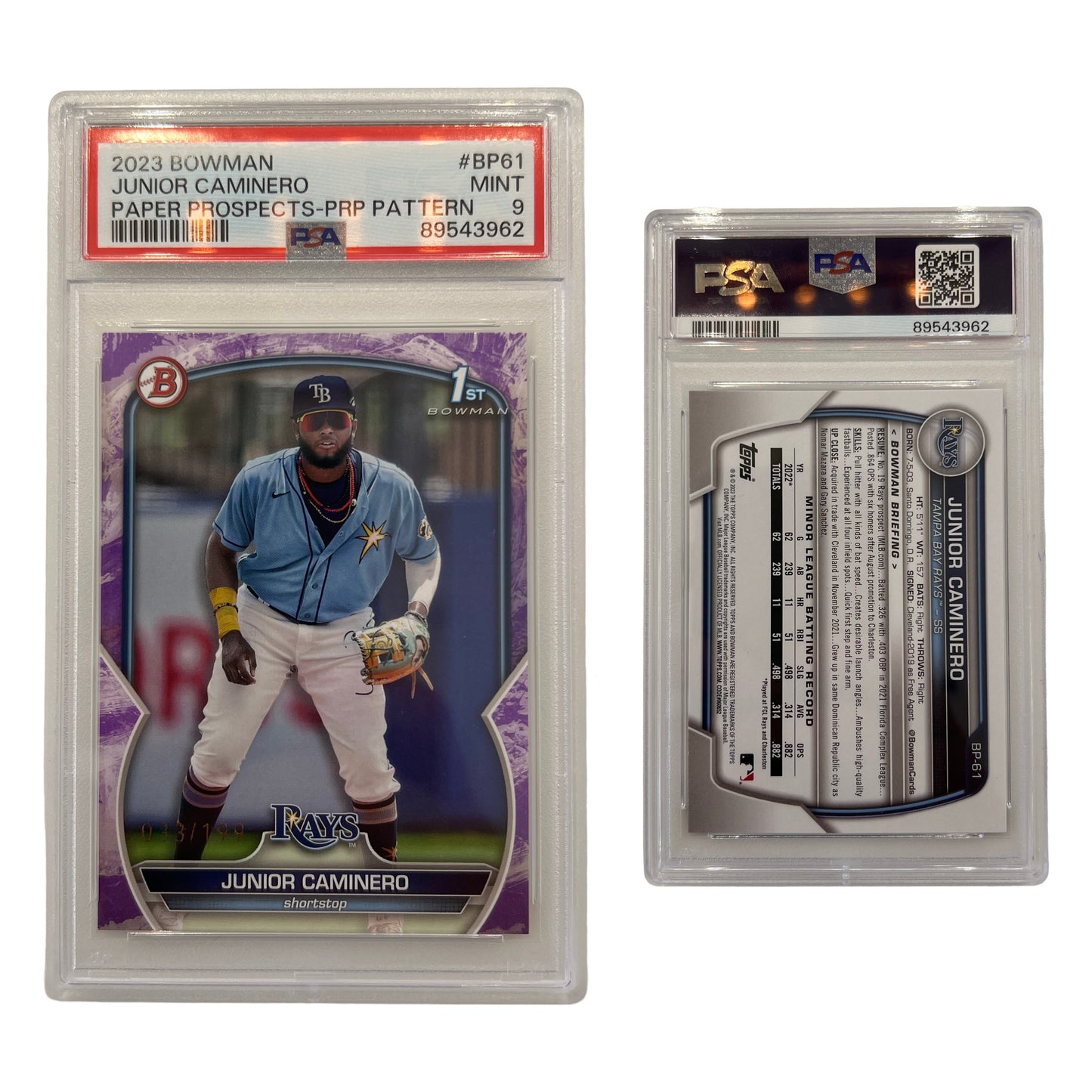 2023 Junior Caminero Bowman Paper Prospects Purple Pattern /199 #BP61 PSA MINT 9