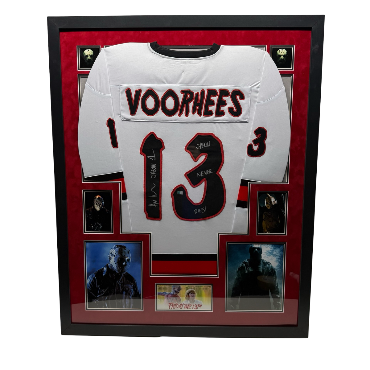 Ari Lehman Autographed Jason Voorhees Friday the 13th White Jersey I Never Die!, Jason 1 Inscriptions Beckett - Red Suede Framed