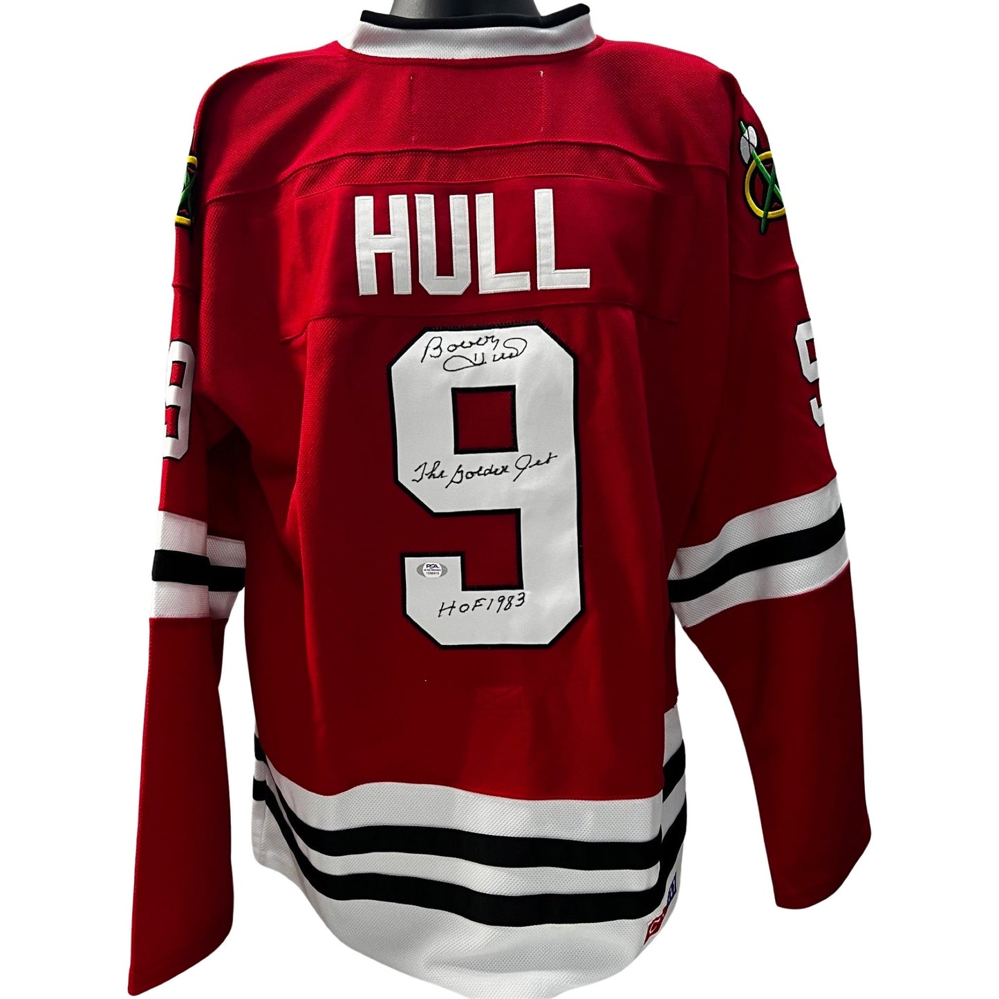 Bobby Hull Autographed Chicago Blackhawks Red CCM Jersey "HOF 1983" Inscription PSA
