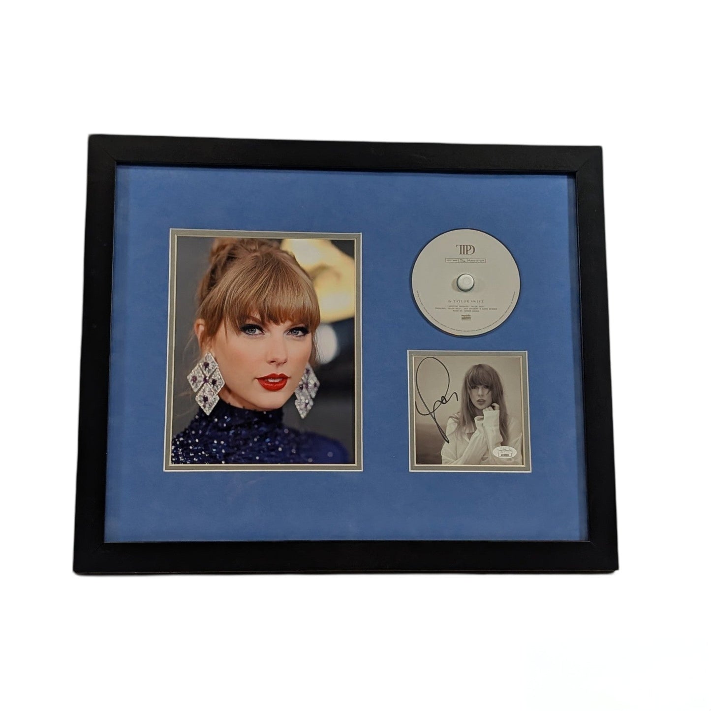Taylor Swift Autographed Cut & Framed CD 11x14 Frame Headshot Big Earrings Blue Matte Horizontal JSA
