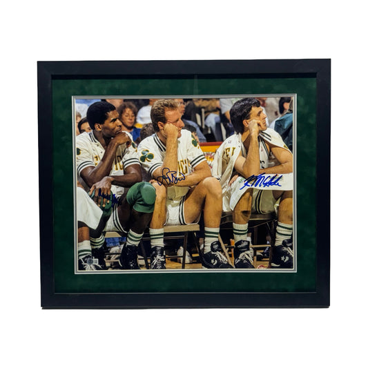 Robert Parish Larry Bird Kevin McHale Autographed Framed Grey Matting Sitting on Bench Chin 16x20 Beckett