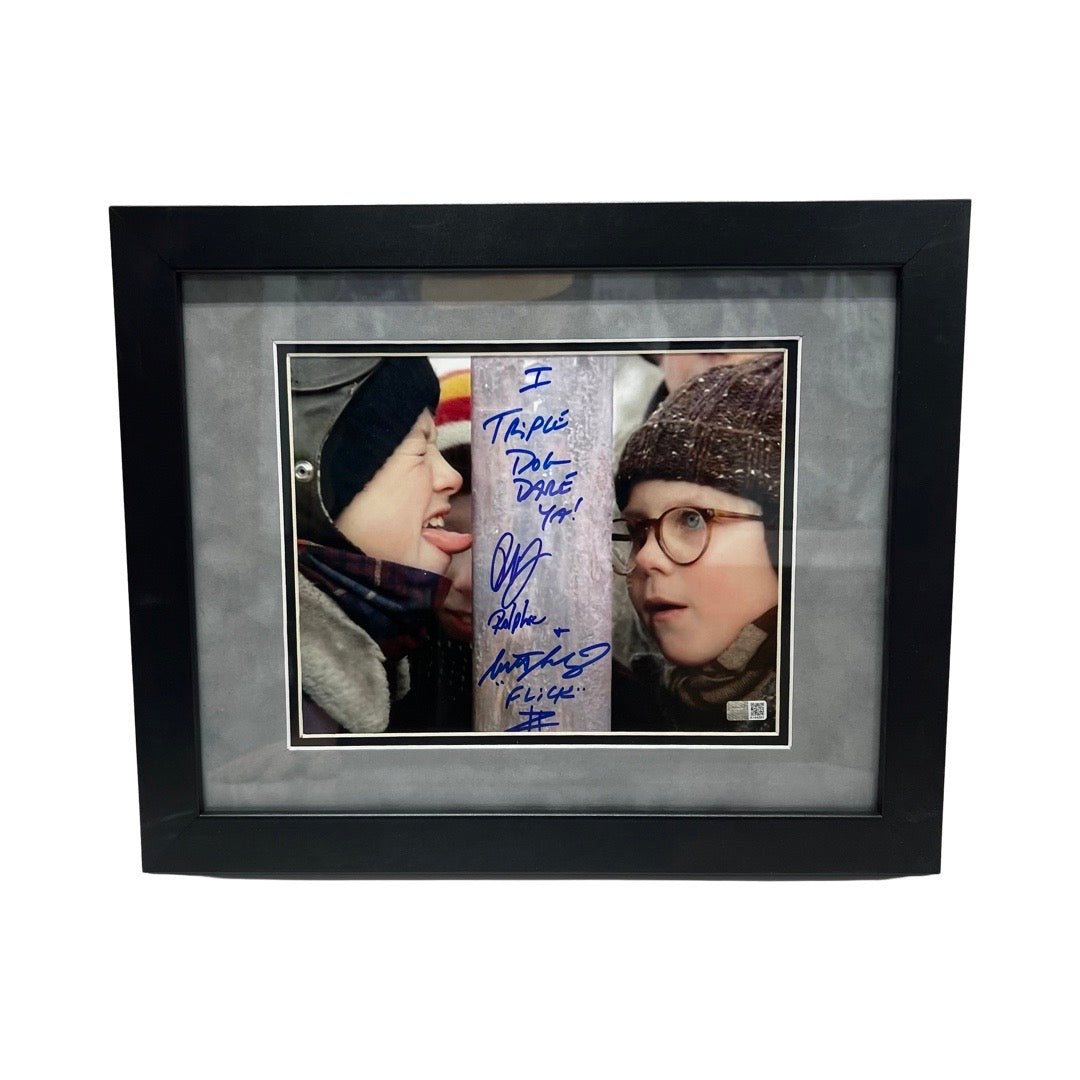 Peter Billingsley & Scott Schwartz Autographed A Christmas Story Pole 8x10 Ralphie, Flick, I Triple Dog Dare You! Inscriptions Steiner CX - Framed