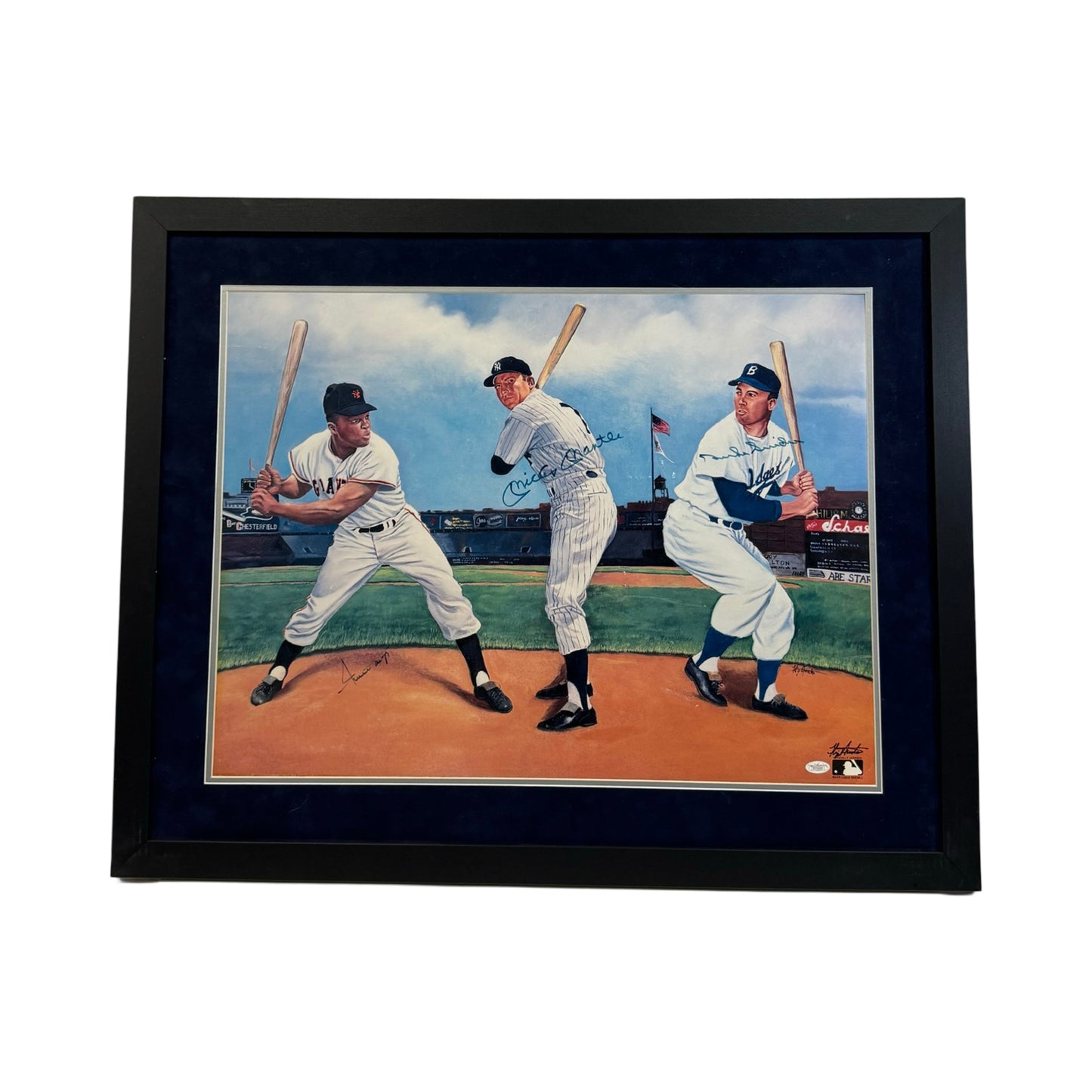 Mickey Mantle, Willie Mays & Duke Snider Autographed Framed 20x28 Photo JSA
