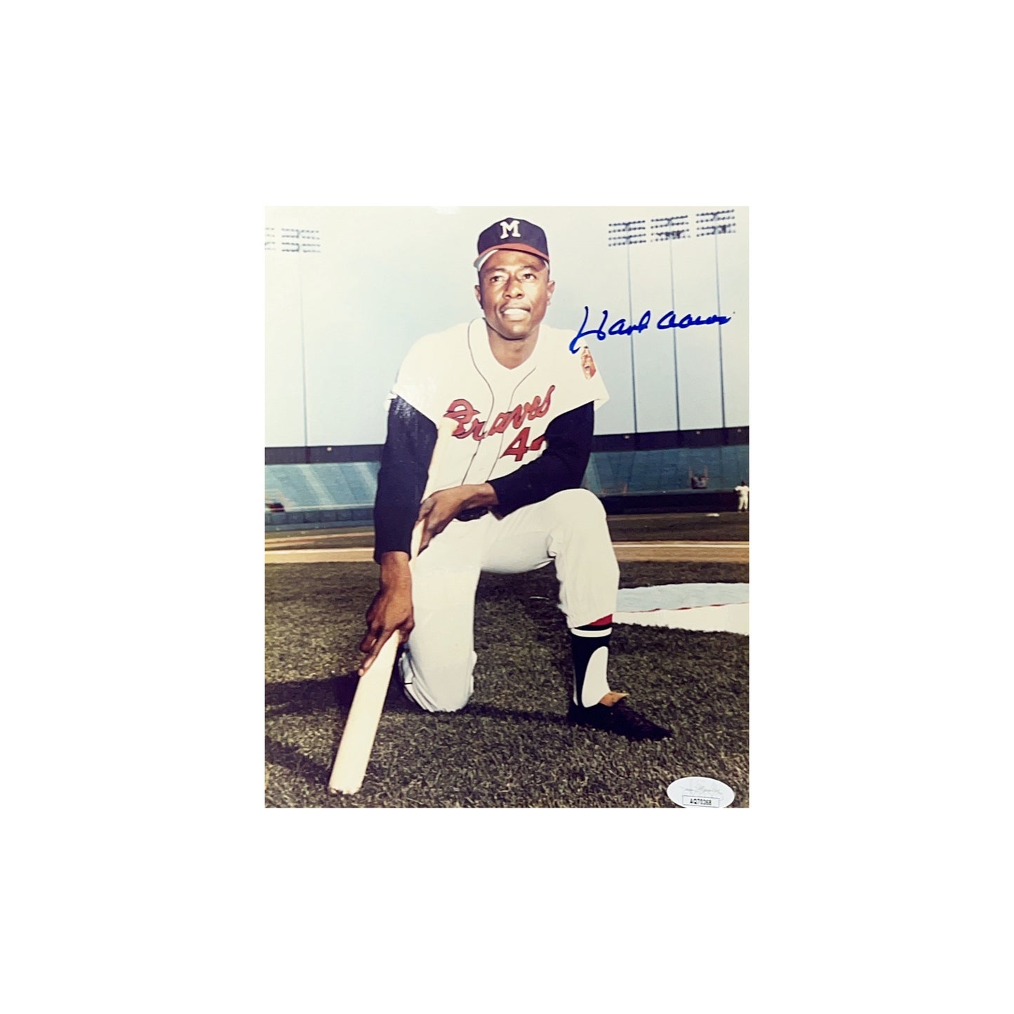 Hank Aaron Autographed Milwaukee Braves On Knee 8x10 JSA