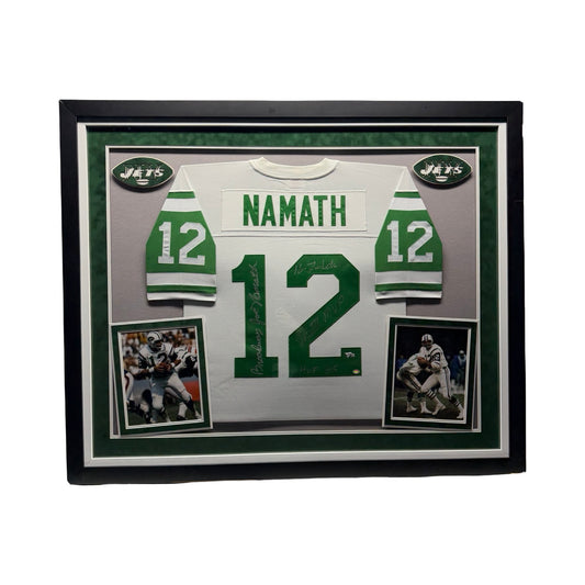 Joe Namath Autographed New York Jets White Jersey Fanatics COA Framed
