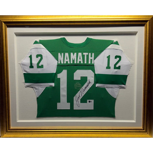 Joe Namath Autographed New York Jets Green Jersey Beckett BAS Framed