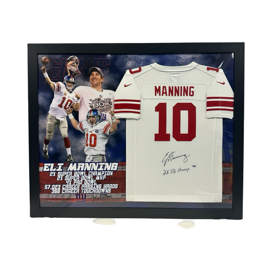 Eli Manning Autographed New York Giants Framed White Jersey Ins. Fanatics