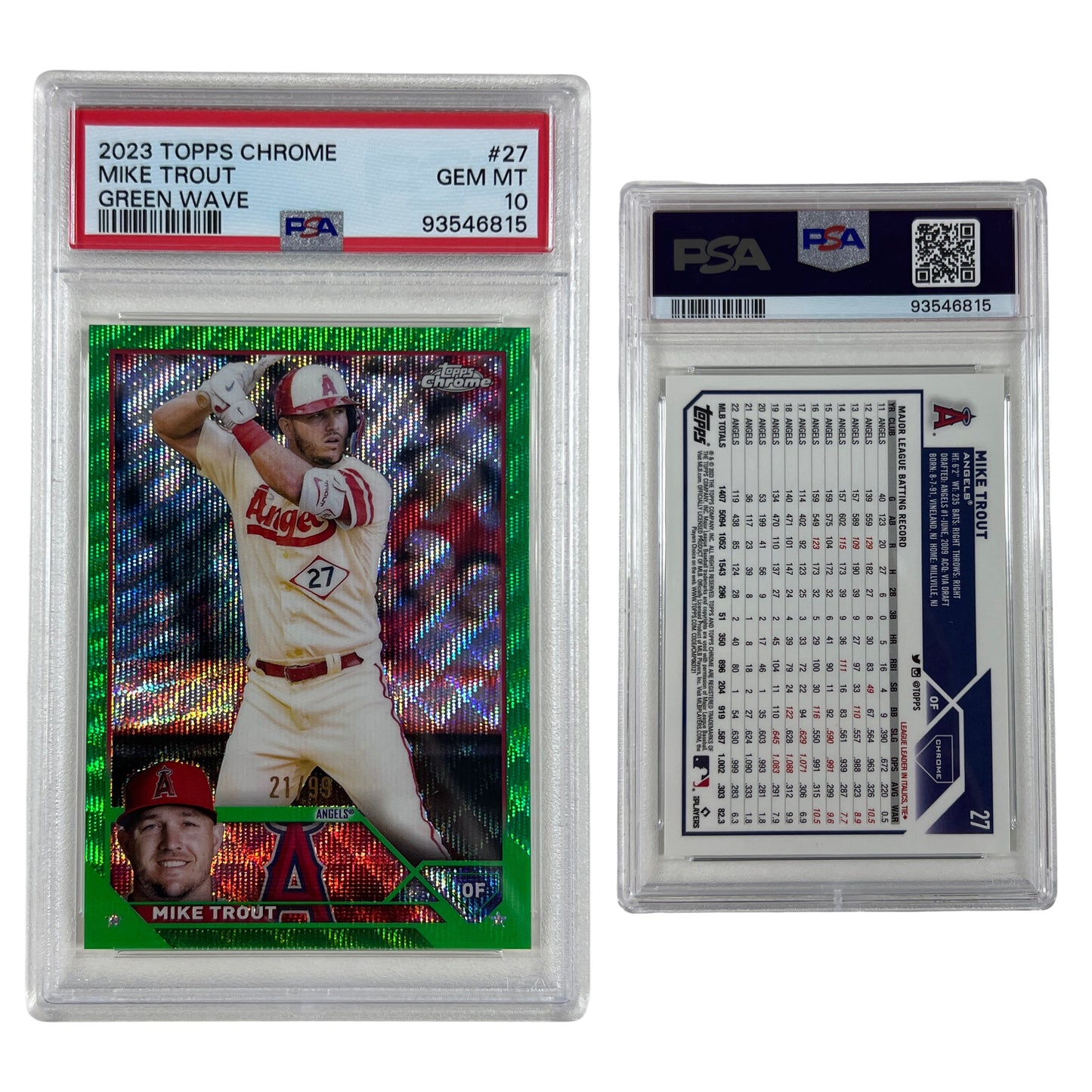 2023 Mike Trout Topps Chrome Green Wave /99 #27 PSA GEM MT 10