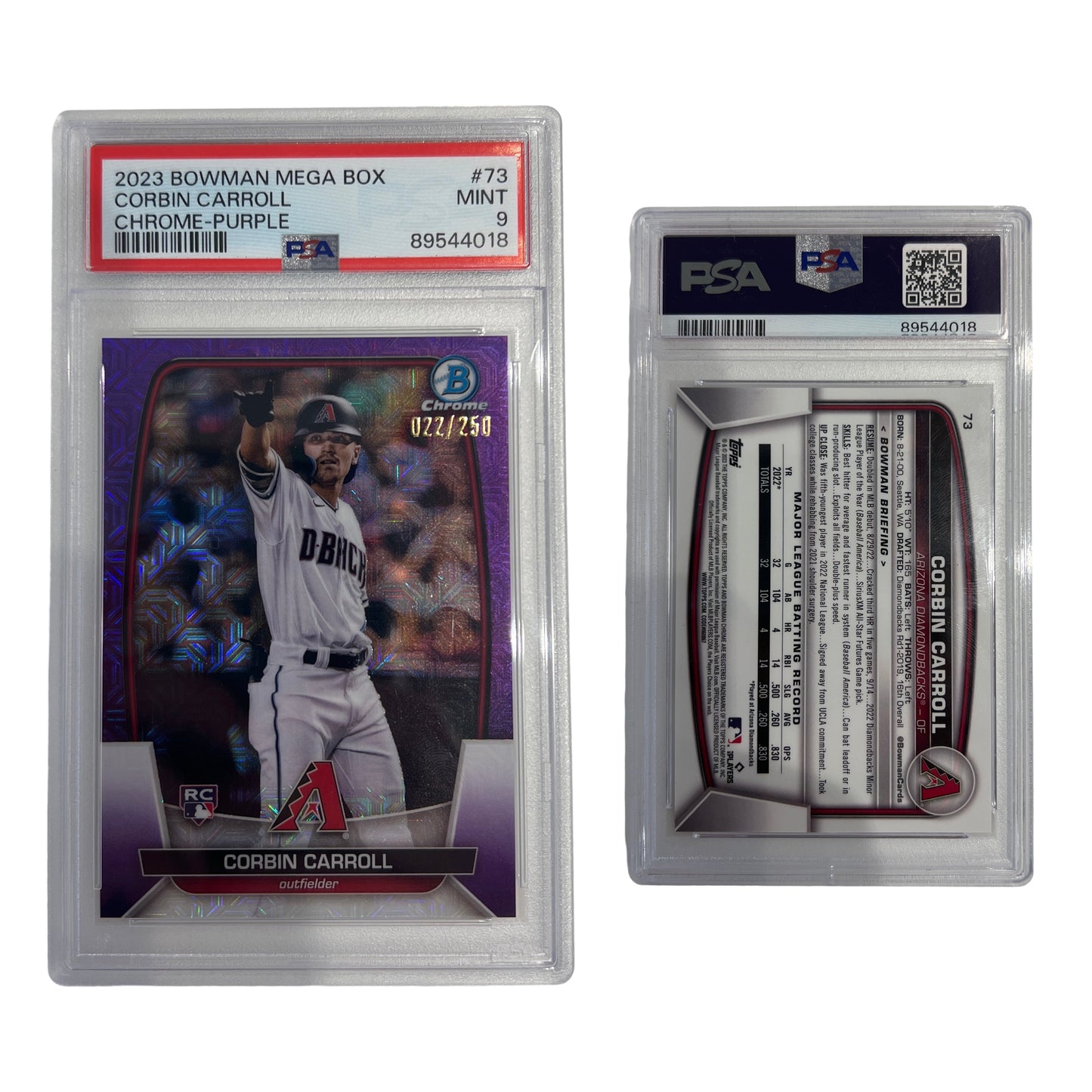 2023 Bowman Mega Box Corbin Carroll Chrome-Purple /250 #73 PSA MINT 9