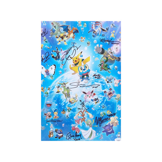 Sarah Natochenny, Greg Abbey, Alyson Leigh Rosenfield, Eric Schroeder, Martha Harms & Barrett Leddy Autugraphed Pokemon Cast Blue Edit 11x17 JSA