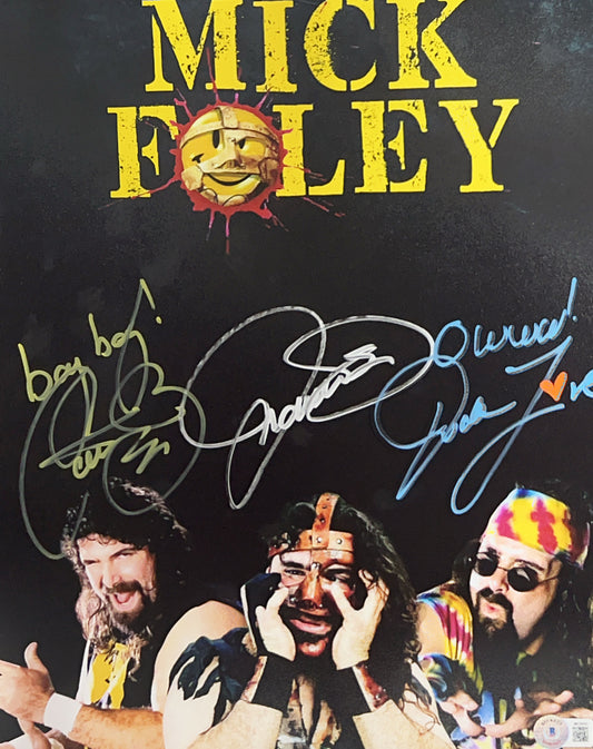 Mick Foley Three Faces Autographed "Cactus Jack, Dude Love, Mankind" Edit 11x14 "Bang Bang, OWWW!" Inscription Beckett