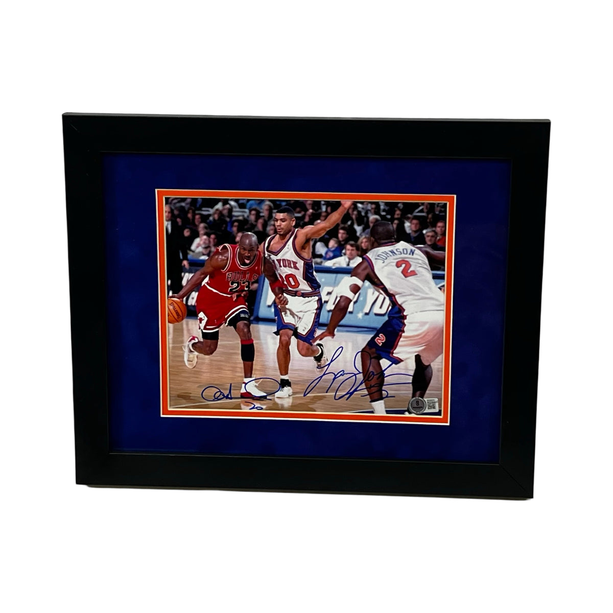 Larry Johnson & Allan Houston Autographed NY Knicks vs Jordan 8x10 Beckett - Framed