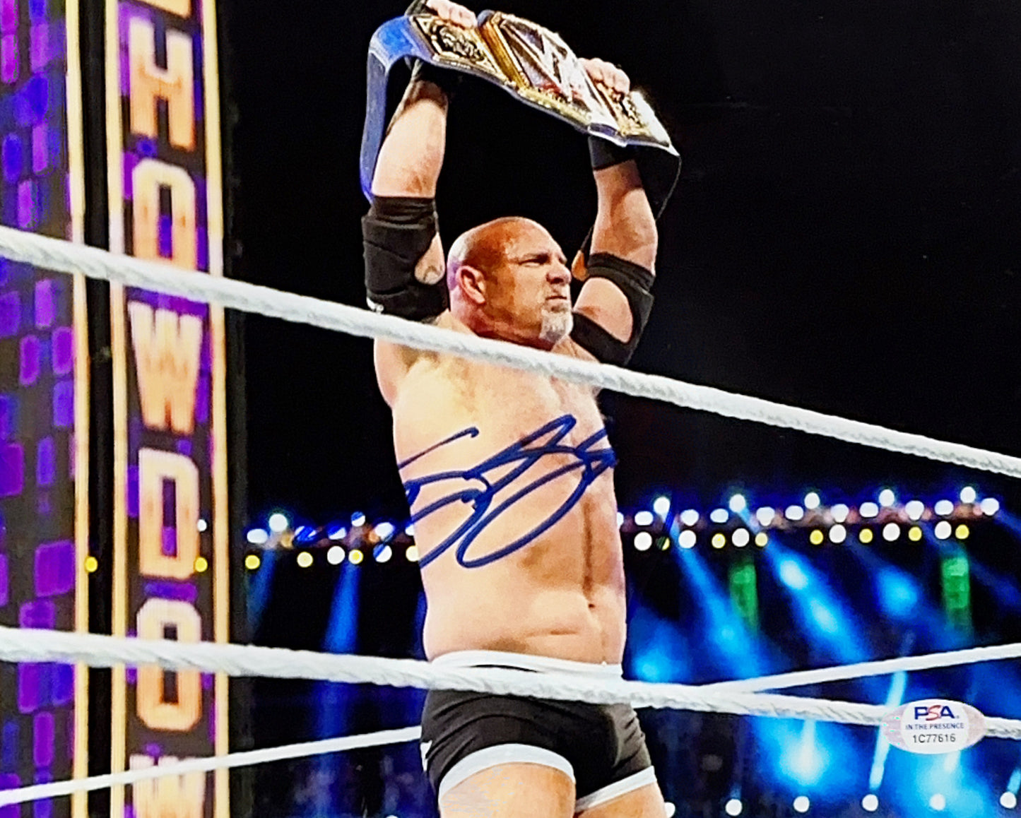 Bill Goldberg Autographed WWE Raising Belt 8x10 PSA