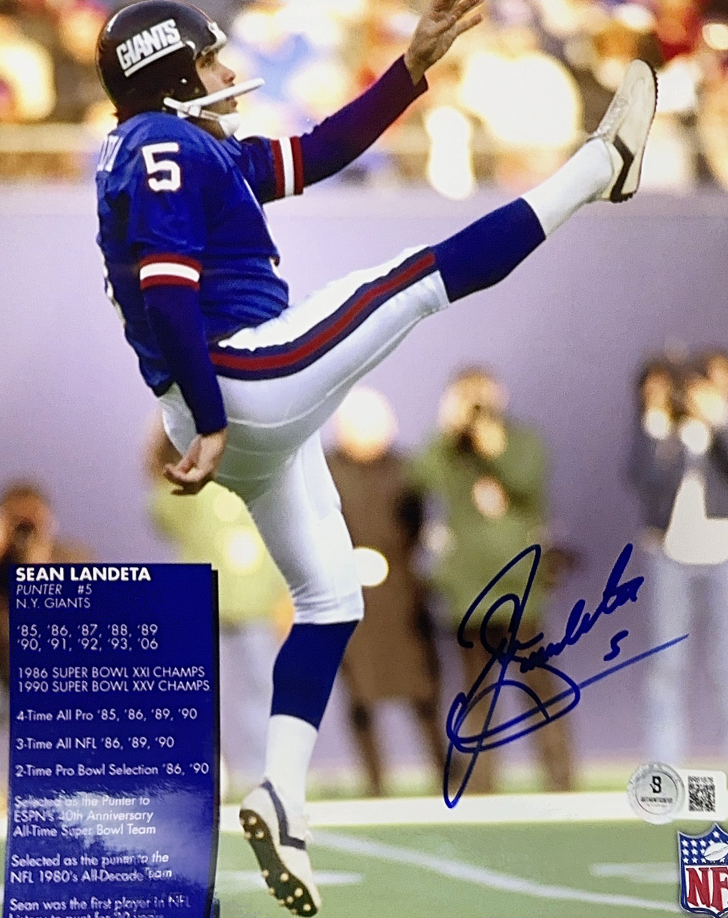 Sean Landeta Autographed New York Giants Stat 8x10 Beckett