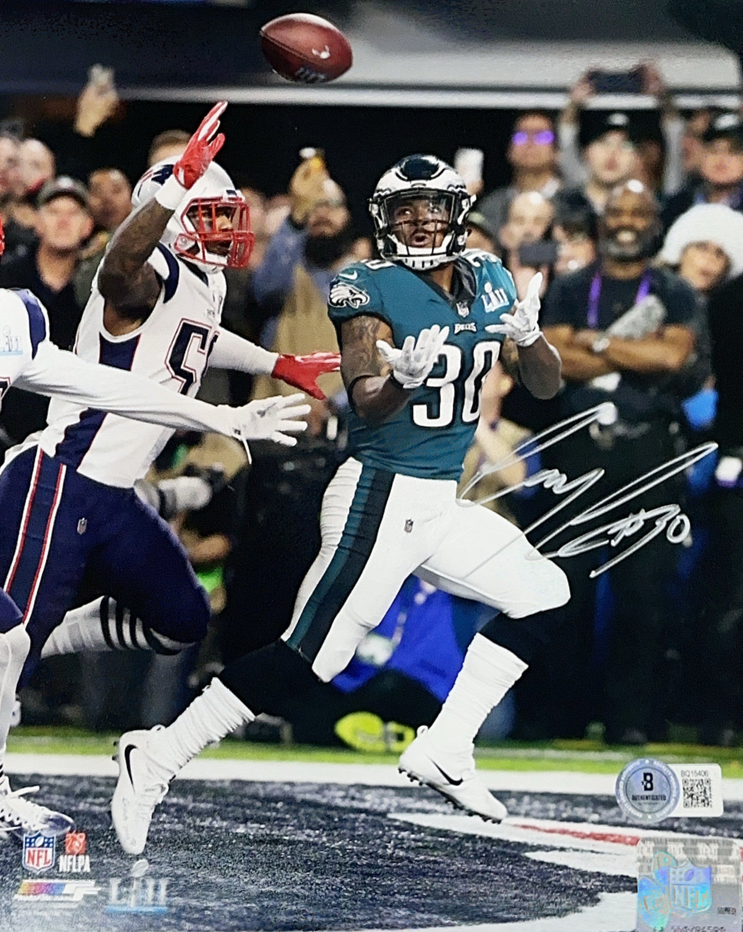 Corey Clement Autographed Philadelphia Eagles Vertical Catching Pass 8x10 Beckett