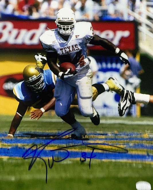 Ricky Williams Autographed Texas Longhorns White Jerseys Running 11x14 Photo JSA