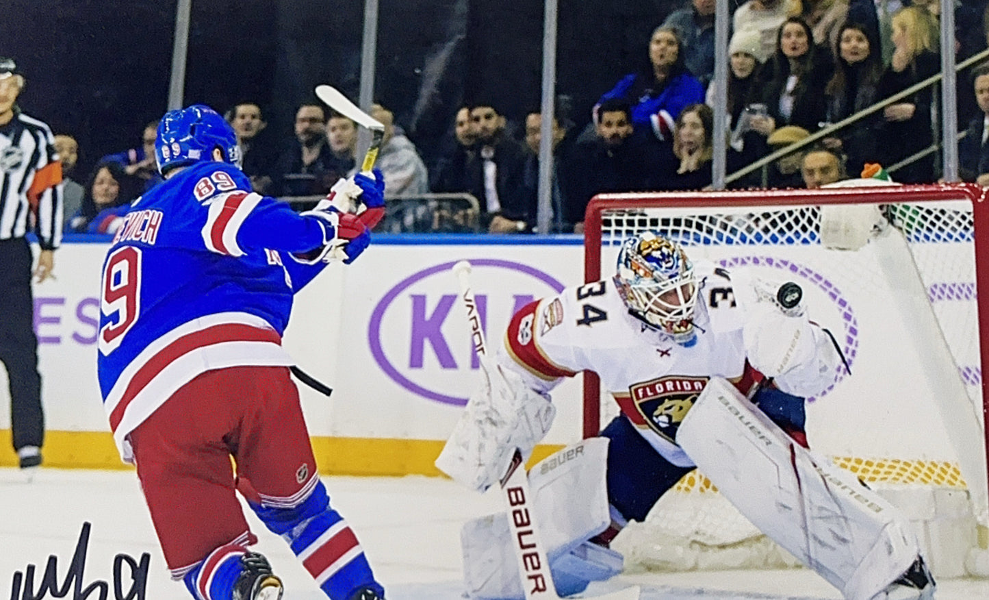 Pavel Buchnevich Autographed New York Rangers Slapshot vs Goalie 11x14 JSA